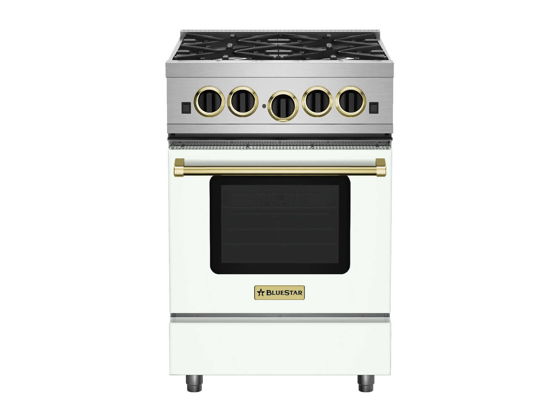 Bluestar® Culinary Series Sealed Burner range with gold trim.