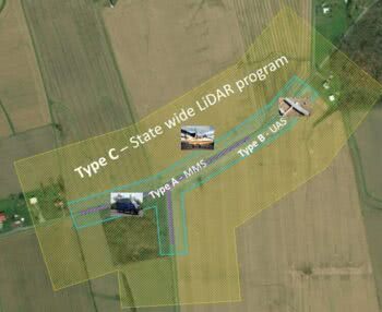 Coverage-area polygons in this image represent the data from three individual mapping tools: UAS, MMS and statewide lidar. Courtesy of Woolpert