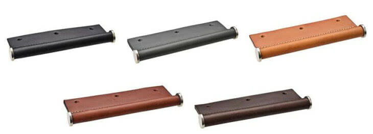 Finishes (pictured left to right) include: Black, Charcoal, Tan, Chestnut Brown, and Chocolate Brown.